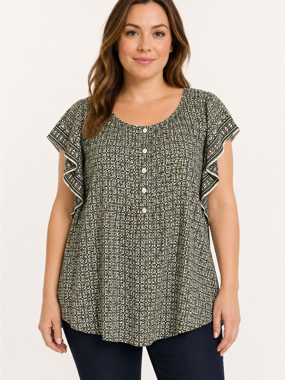 Max Studio Olive Printed Flutter-Sleeve Button Front Top